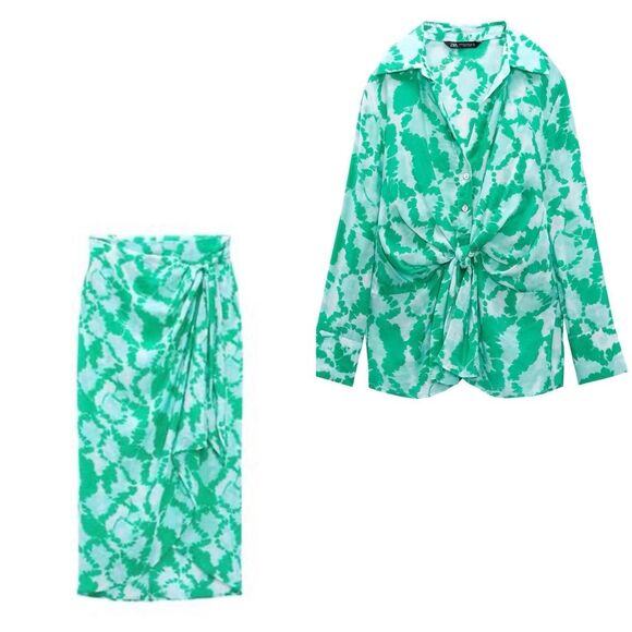 Zara green and white tie dye print tie wrap blouse - Picture 2 of 5